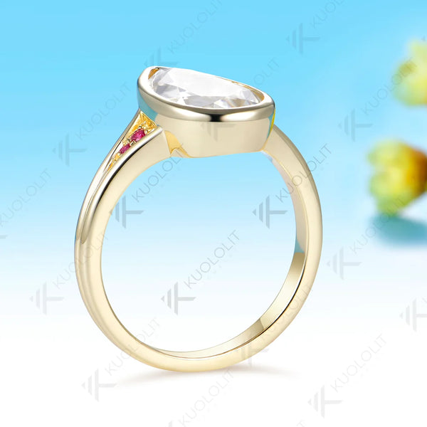 Kuololit 4CT Unique Portrait Pear Cut Moissanite Ruby or Sapphire RCustom Ring for Women Solid 14K 10K Yellow Gold for Engagement Christmas