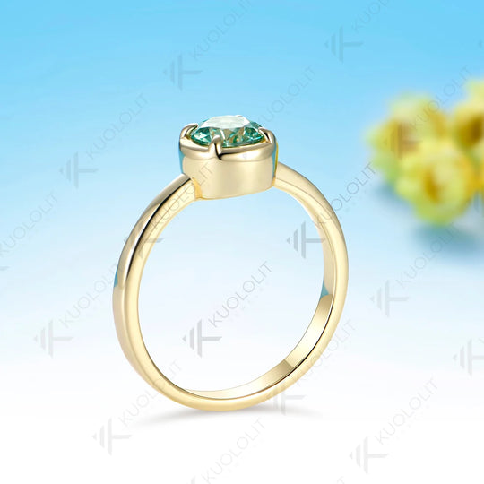Kuololit 0.8CT Cyan Moissanite Round Ring for Women Solid 14K 10K 585 Yellow Gold Engagement Ring for Christmas Gift Party