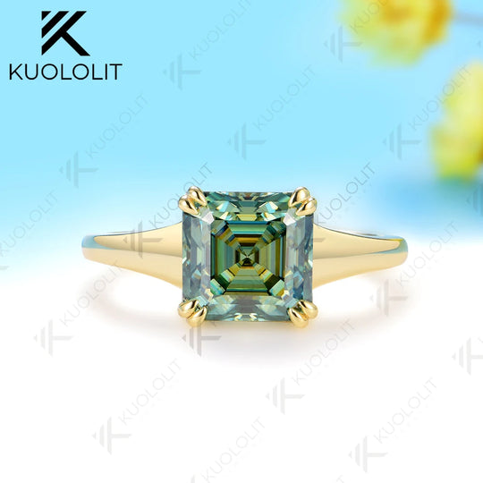 Kuololit 2.5CT Asscher Cut Moissanite Custom Ring for Women Solid 14K 10K 585 Yellow Gold for Engagement Wedding Christmas Gifts