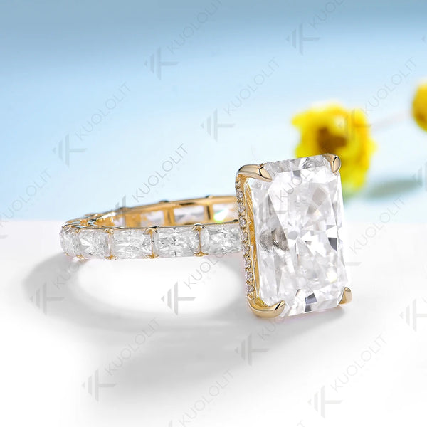 Kuololit 7CT Center Radiant Cut Moissanite Ring for Women Solid 14K 10K 585 Yellow Gold Engagement Ring for Christmas Gifts