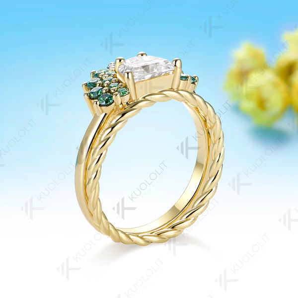 Kuololit 0.8CT Half Moon Cyan Mossanite Custom Ring for Women Solid 14K 10K 585 Yellow Gold Engagement Ring for Christmas Party