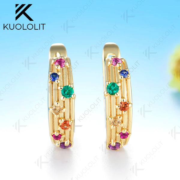 Kuololit Lab Grown Coloful Rainbow Gemstones Custom Earrings for Women Solid 14K 10K 585 Yellow Gold for Christmas Gifts Party