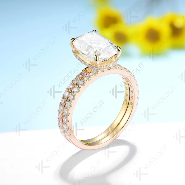 Kuololit 4CT Cushion Cut Moissanite Set Ring for Women Solid 18K 14K 10K 585 Yellow Gold Band for Engagement Wedding Christmas