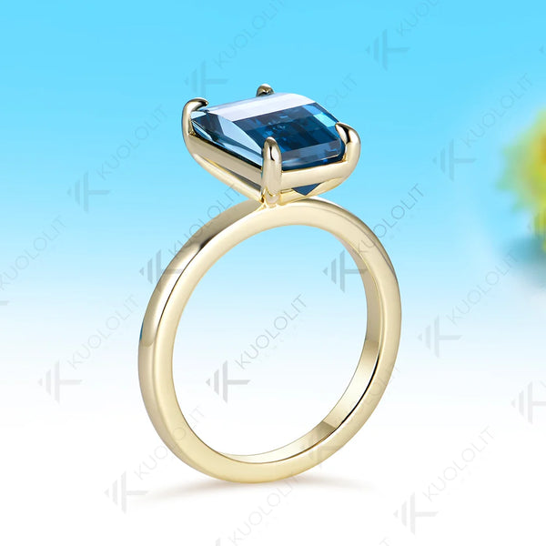 Kuololit 4.5CT Teal Blue Lab Grown Gemstone Unique Grid Unique Cutting Custom Ring for Women Solid 14K 10K 585 for Christmas