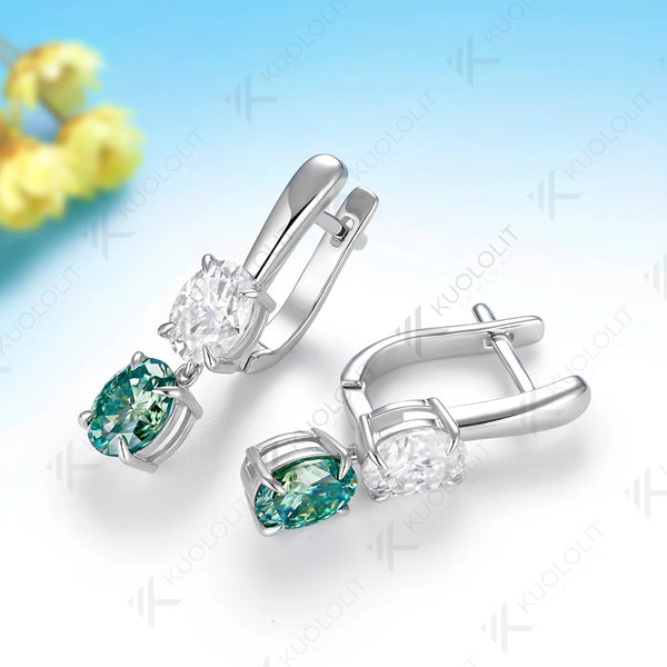 Kuololit 6CTW Cyan White Moissanite Oval Cut Earring for Women Solid 14K 10K 585 Yellow Gold Clip Earrings for Christmas Gifts