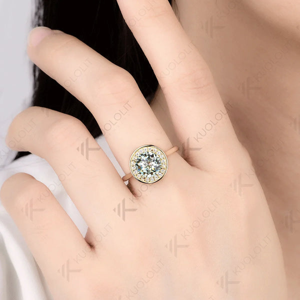 Kuololit 2CT Jubilee Cut Cyan Round Moissanite Ring for Women Solid 14K 10K 585 Yellow Gold Engagement Ring for Christmas Gifts