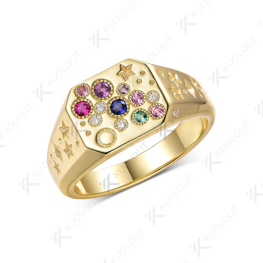 Kuololit 0.21CTW Lab Grown Pink Sapphire Emerald Gemstone Ring for Women Solid 14K 10K 585 Yellow Gold for Christmas Gifts Party