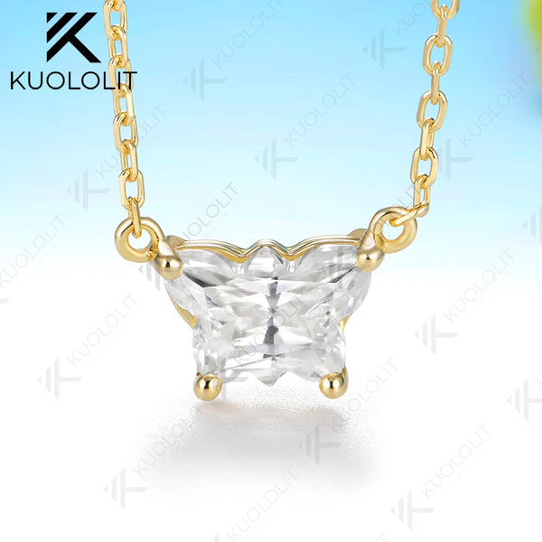 Kuololit 2CT Butterfly Moissanite Necklace for Women Solid 14K 10K Yellow Gold Animal Pedant for Christmas Party Gifts Wedding