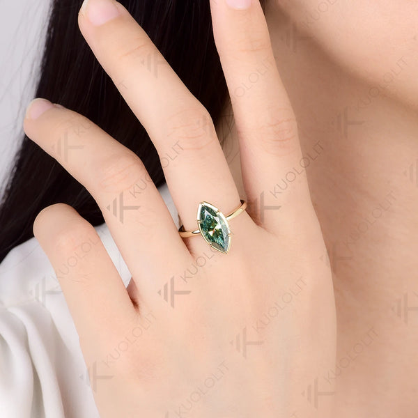 Kuololit 3ct Marquise Cyan Moissanite Ring for Women Solid 10K 14K Yellow Gold Engagement Ring for Christmas Gifts Engagement