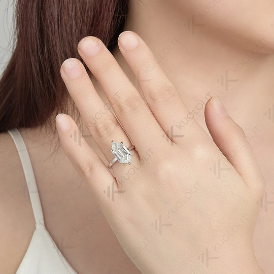 Kuololit 4CT Enlonged Hexagon Moissanite Ring for Women Solid 14K 10K 585 Yellow Gold Moissanite Engagement Ring for Christmas