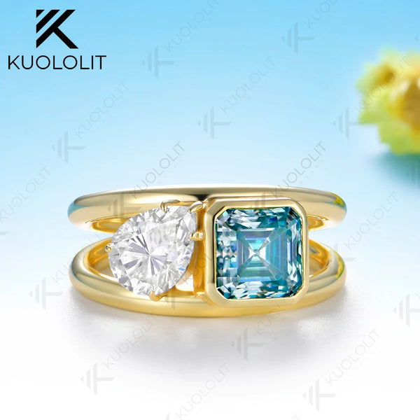 Kuololit Cyan Moissanite Pear Asscher Cut Custom Set Ring for Women Solid 14K 10K 585 Yellow Gold for Christmas Gift Anniversary