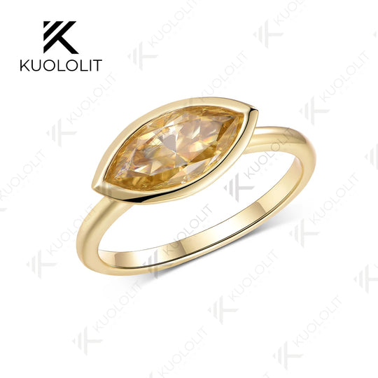 Kuololit 2CT Champagne Marquise Moissanite Custom Set Ring for Women Solid 14K 10K 585 Yellow Gold for Christmas Gifts Party