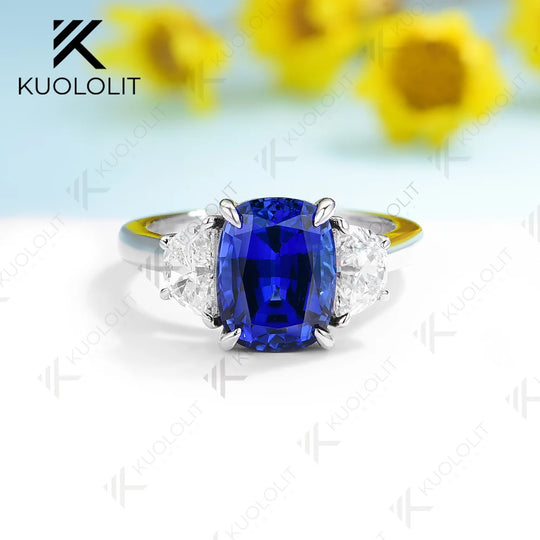 Kuololit 3CT Lab Blue Sapphire Engagement Ring for Women Solid 18K 14K 10K 585 Gold Half Moon Moissanite Ring for Christmas Gift