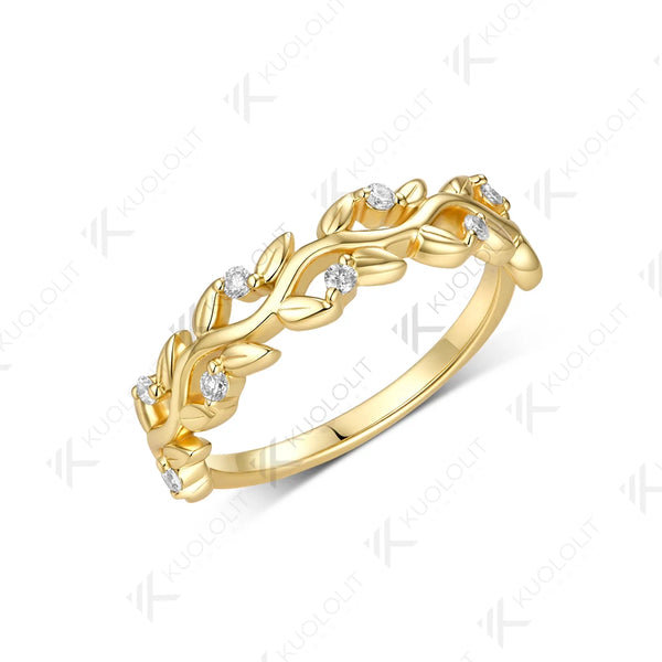 Kuololit  1.7 CTW Lab Diamond Leaf Wedding Band for Women Solid 14K 10K Yellow Gold Eternity Band Ring for Engagement Christmas