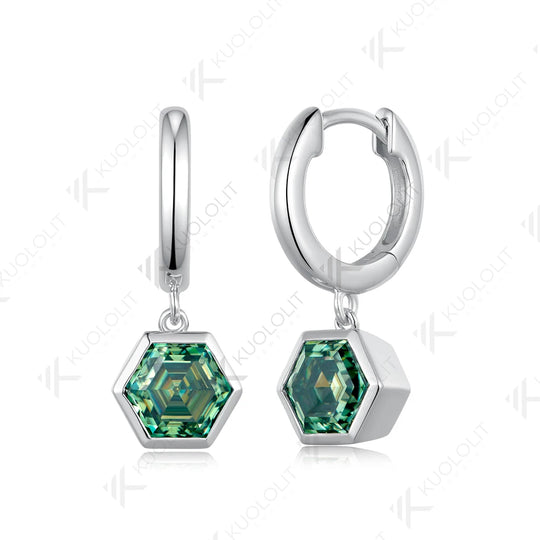 Kuololit 3CTW Cyan Moissanite Hexagon Earrings for Women Solid 14K 10K Yellow Gold Hoop Clip Earrings for Christmas Gifts Party