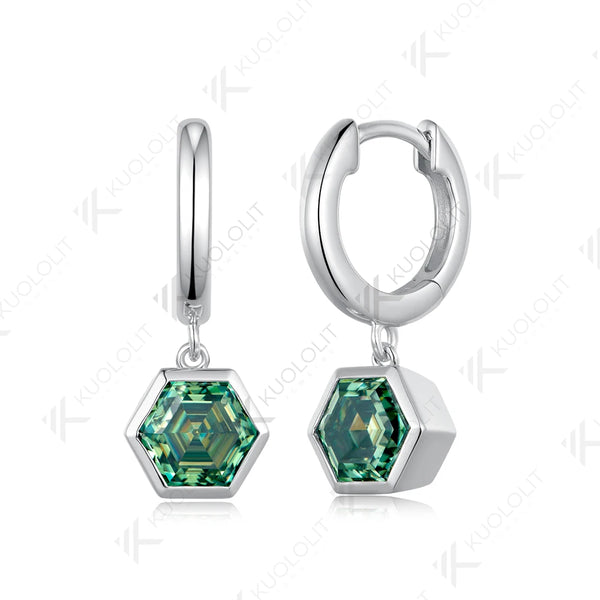 Kuololit 3CTW Cyan Moissanite Hexagon Earrings for Women Solid 14K 10K Yellow Gold Hoop Clip Earrings for Christmas Gifts Party