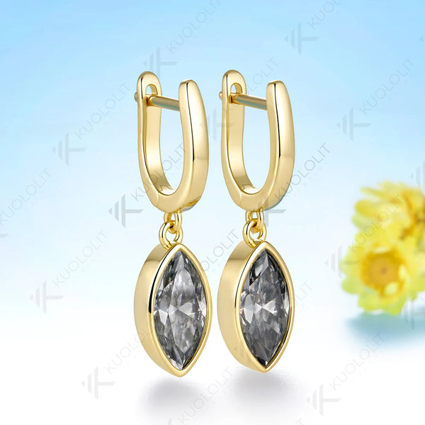 Kuololit 4CTW Grey Moissanite Marquise Cut  Earrings for Women Solid 14K 10K 585 Yellow Gold  Clip Earring for Christmas Gifts