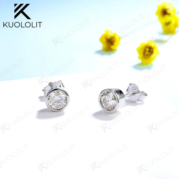 Kuololit Bezel Set Moissanite 4.0mm Stud Earrings for Women Handset D/VVS Solitaire Jewelry for Party Christmas Gifts