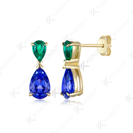 Kuololit 4CTW Lab Grown Emerald Sapphire Clip Earrings for Women Solid 14K 10K 585 Yellow Gold Rhombus Cut for Christmas Gifts
