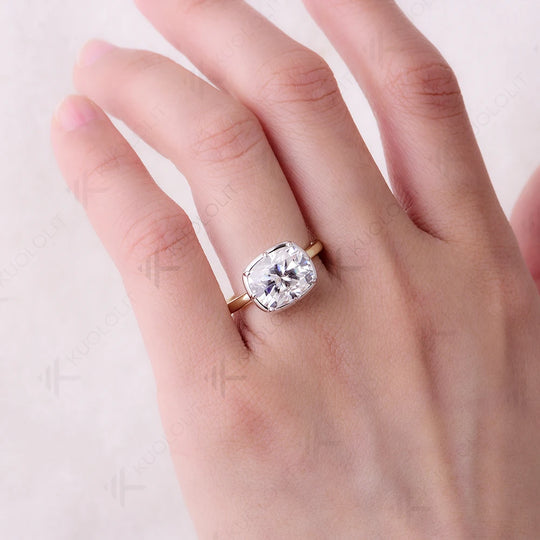 Kuololit 5CT Cushion Cut Moissanite Ring for Women Solid 18K 14K 10K Yellow Gold Two Tone Ring for Anniversary Engagement Gifts