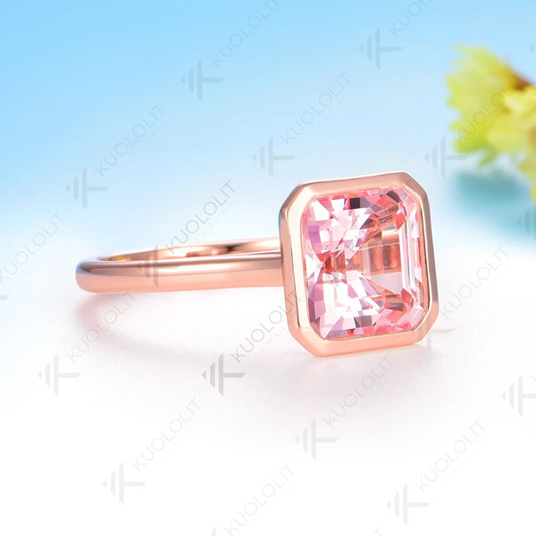 Kuololit 3.5CT Lab Grown Pink Sapphire Asscher Cut Ring for Women Solid 14K 10K 585 Rose Gold  for Engagement Wedding Christmas