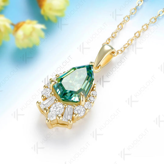 Kuololit 4CT Octagonal Pear Cyan Moissanite Necklace for Women Solid 14K 10K Yellow Gold Pedant for Christmas Party Gift Classic