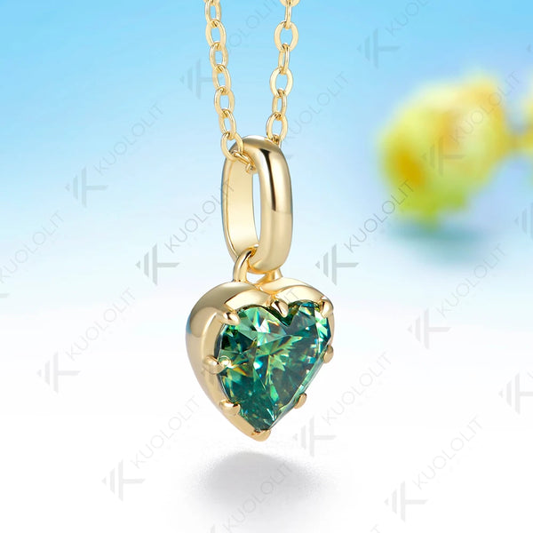 Kuololit 2CT Heart Cut Cyan Moissanite Necklace for Women Solid 585 14K 10K Yellow Gold  Necklace for Christmas Gifts Party