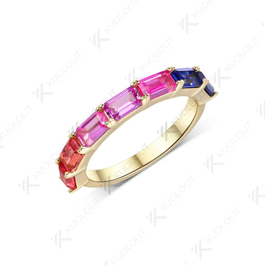 Kuololit Lab Grown Sapphire Gemstone Colorful Custom Ring for Women Solid 14K 10K  Yellow Gold Eternity Half Band for Christmas
