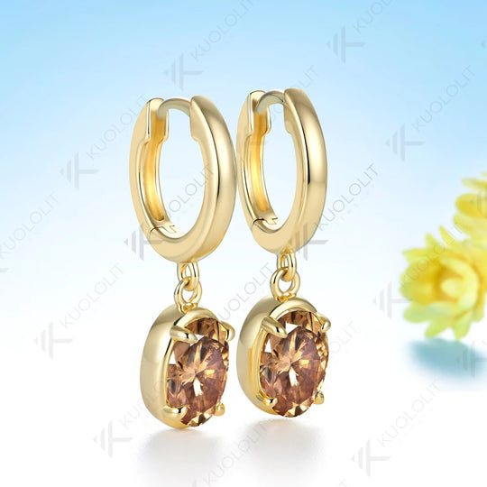 Kuololit 3.6CTW Champagne Moissanite Clip Earring for Women Solid 14K 10K Yellow Gold Oval Cut Earring for Christmas Gifts Party