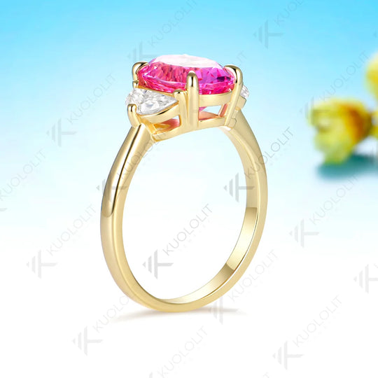 Kuololit 4.2CTW Lab Pink Sapphire Moissanite Custom Ring for Women Solid 14K 10K 585 Yellow Gold for Christmas Gifts Anniversary