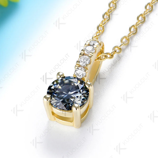 Kuololit 1CT Gray Moissanite Custom Necklace for Women Solid 585 14K 10K Yellow Gold Round Necklace for Christmas Gifts Party