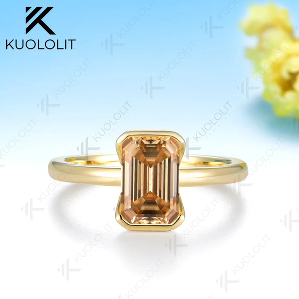 Kuololit 2.5CT Champagne Moissanite Ring for Women Solid 14K 10K Yellow Gold Engagement emerald Cut for Christmas Gifts Party