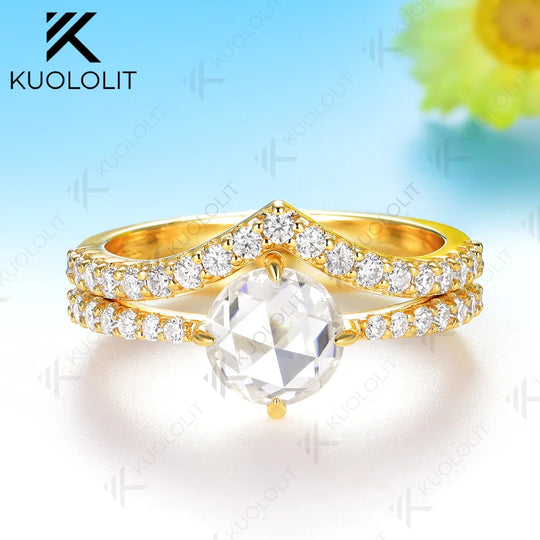 Kuololit 1.2CT Rose Moissanite Custom Set Ring for Women Solid 14K 10K 585 Yellow Gold Engagement Ring for Christmas Gifts Party