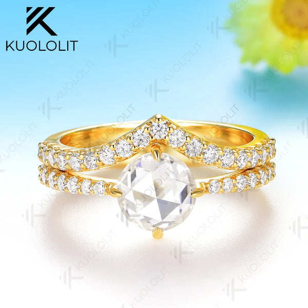 Kuololit 1.2CT Rose Moissanite Custom Set Ring for Women Solid 14K 10K 585 Yellow Gold Engagement Ring for Christmas Gifts Party