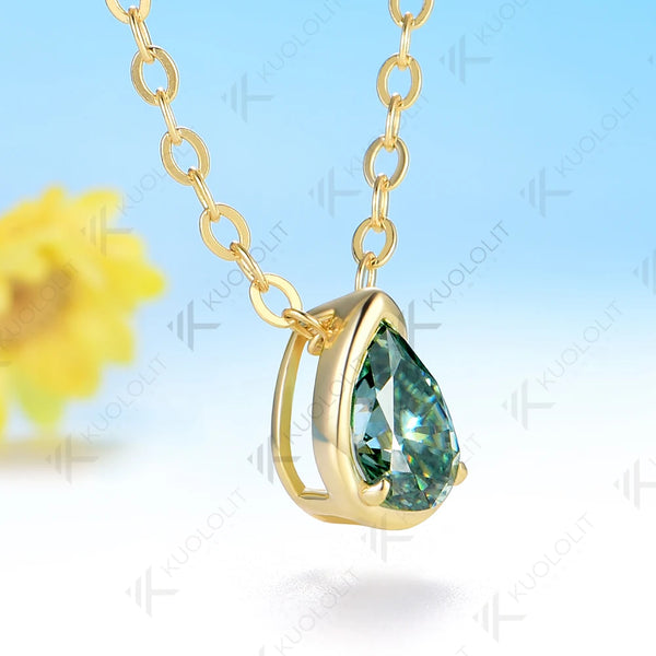 Kuololit 0.5CT Cyan Pear Moissanite Necklace for Women Men Solid 585 14K 10K Yellow Gold Pear Chain for Engagement Christmas