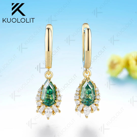 Kuololit 2.4CT Octagonal Pear Cyan Moissanite Clip Earring for Women Solid 14K 10K Yellow Gold Earring for Christmas Gifts Party