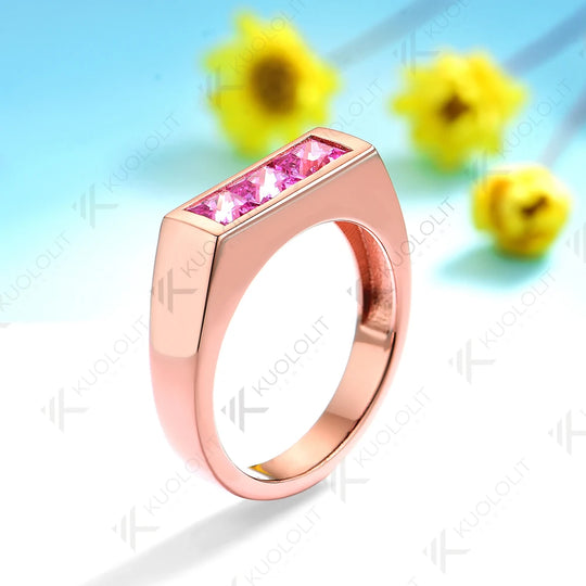 Kuololit 1.2CTW Lab Grown Pink Sapphire Princess Cut Ring for Women Solid 14K10K Rose Gold Eternity Half Band for Christmas Gift
