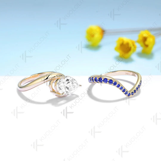 Kuololit 3CT Moissanite Engagement Ring for Women Solid 14K 10K 585 Yellow Gold Lab Blue Sapphire Pear Set Ring for Christmas