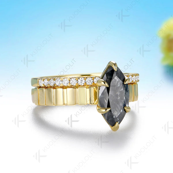 Kuololit 2CT Grey Marquise Moissanite Custom Set Ring for Women Solid 14K 10K 585 Yellow Gold Engagement Ring for Christmas Gift