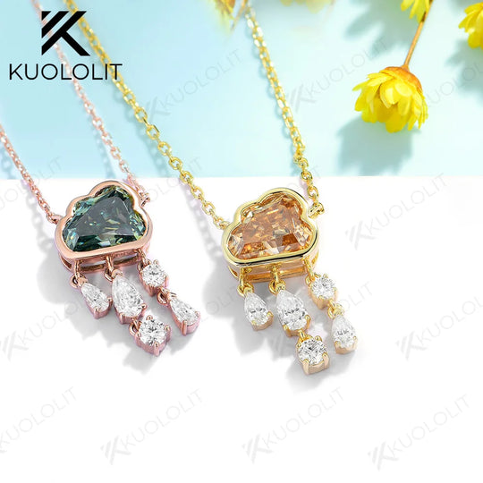 Kuololit 2CT Champagne Cyan Cloudy Moissanite Necklace for Women Solid 14K 10K 585 Rose Gold Wedding Necklace for Christmas Gift