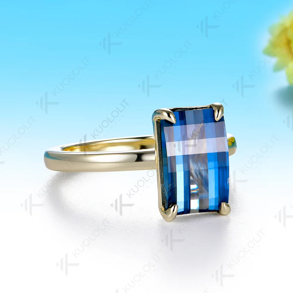 Kuololit 4.5CT Teal Blue Lab Grown Gemstone Unique Grid Unique Cutting Custom Ring for Women Solid 14K 10K 585 for Christmas
