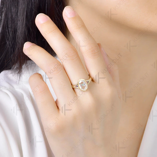 Kuololit 2CT Unique Portrait Cut Rhombus Moissanite Colorfull Custom Ring for Women Solid 14K 10K Yellow Gold for Christmas Gift