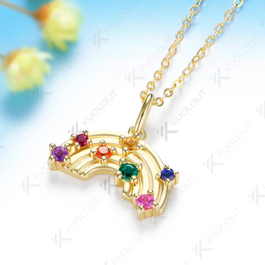 Kuololit Lab Grown Coloful Rainbow Gemstones Necklace for Women Solid 585 14K 10K Yellow Gold Custom Necklace for Christmas Gift