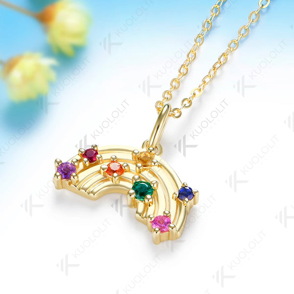 Kuololit Lab Grown Coloful Rainbow Gemstones Necklace for Women Solid 585 14K 10K Yellow Gold Custom Necklace for Christmas Gift