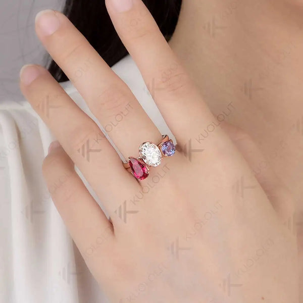 Kuololit 6.5CTW Lab Grown Alexandrite Ruby Moissanite Rings for Women Soild 14K 585 Gold Set Ring for Engagement Christmas Gift