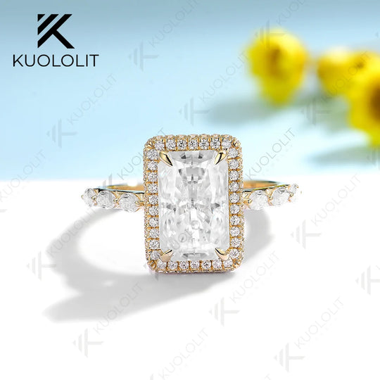 Kuololit 3.5CT Radiant Moissanite Engagement Ring for Women Solid 18K 14K 10K 585 Yellow Gold European Shank Band for Christmas