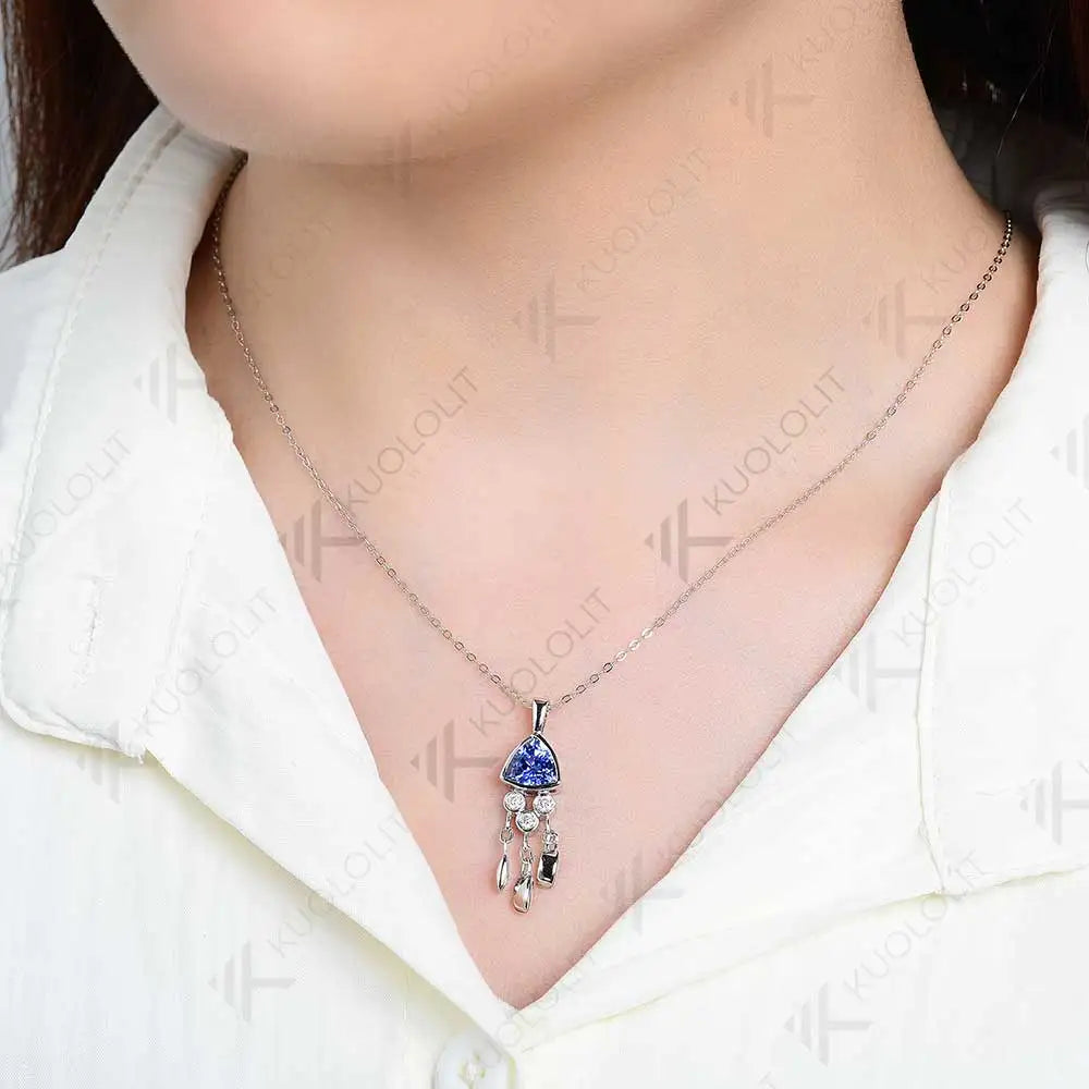 Kuololit 1.2CT Lab Grown Sapphire Jellyfish Necklace for Women Solid14K 10K 585 Yellow Gold Moissanite for Christmas with Chain