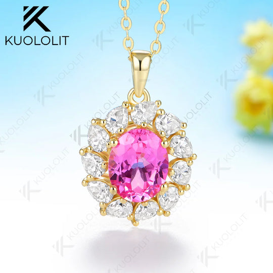 Kuololit 3.5CT Lab Pink Sapphire Pear Moissanite Necklace for Women Solid 585 14K 10K Yellow Gold Custom Necklace for Christmas