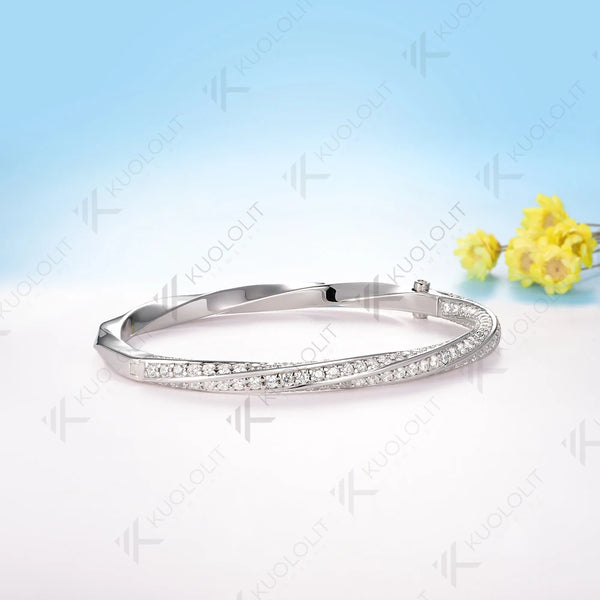 Kuololit Moissanite Bangle for Women Solid 10K Yellow Gold Oval Shaped Round Bracelet for Engagement Trendy Christams Gift