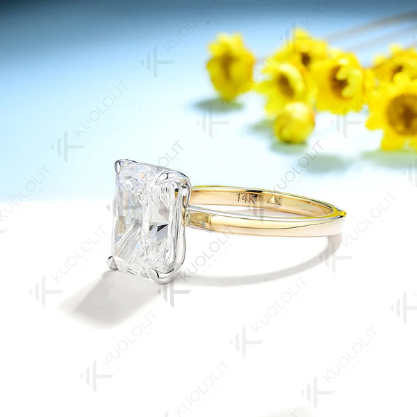 Kuololit 4CT Moissanite Rings for Women Two Tone Color Solid 14K 10K 585 Yellow Gold  Radiant Cut for Wedding Engagement Classic